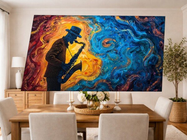 jazz man blue gold canvas wall art shown framed on a wall
