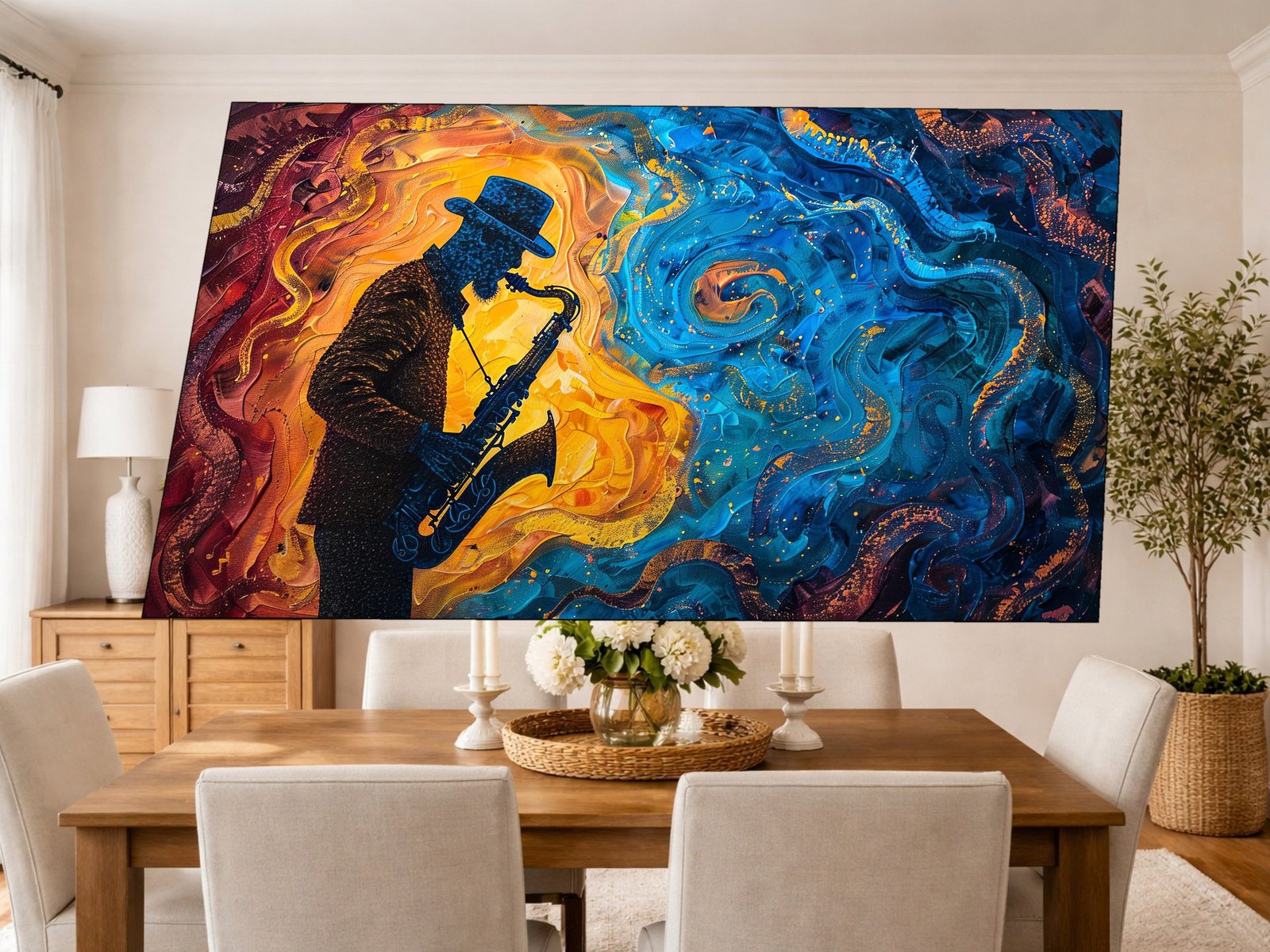 Jazz Man Blue Gold framed canvas wall art