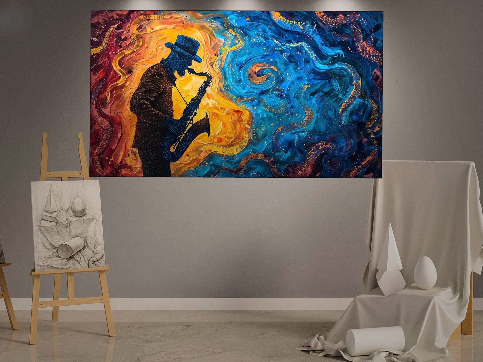 Jazz Man Blue Gold canvas wall art placement