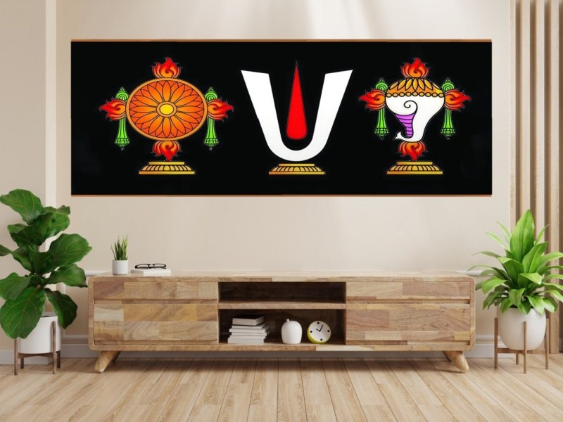 vaishnava symbols trio canvas wall art shown framed on a wall