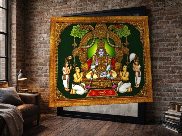 tanjore deity with devotees canvas wall art shown framed on a wall