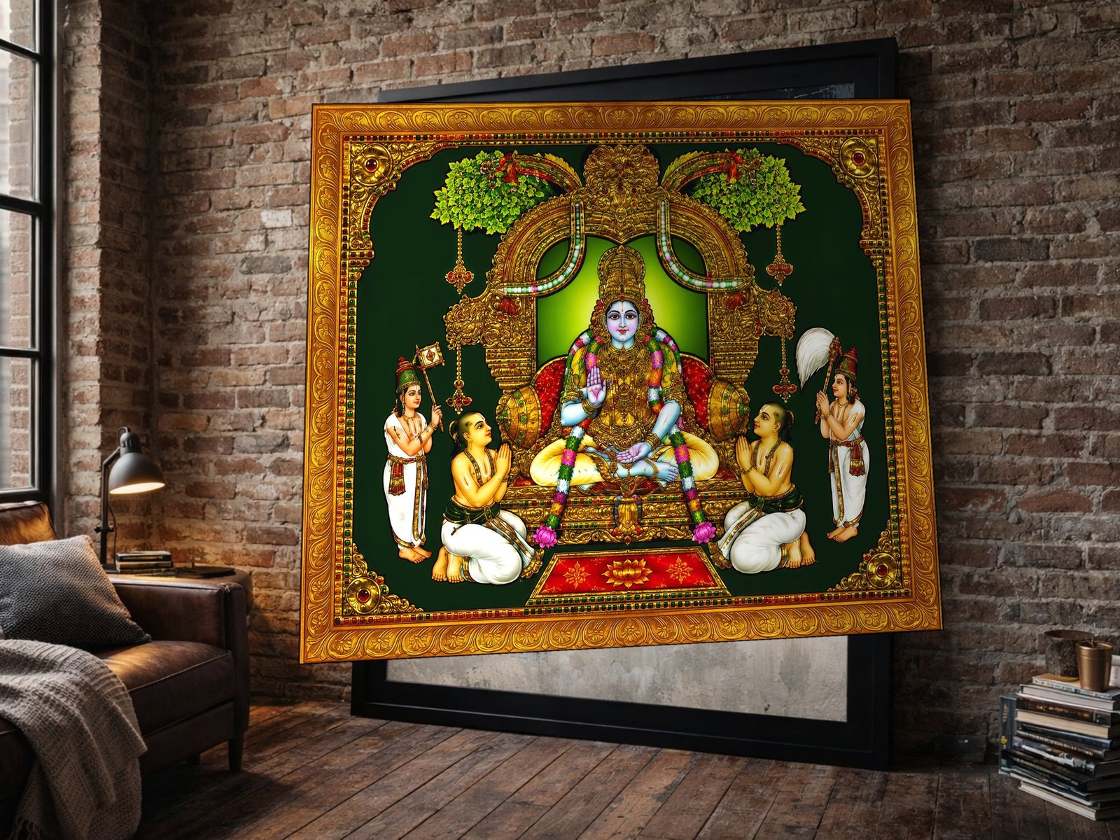 Tanjore Deity with Devotees framed canvas wall art