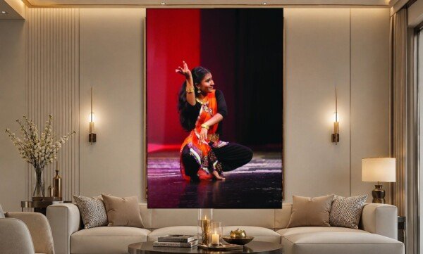 dancer on stage canvas wall art shown framed on a wall