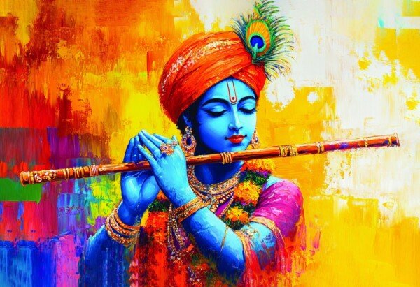 Krishna Flute Panorama Canvas Wall Art 3x4 Feet – Floating Frame – Premium Digital Canvas Print – Living Room & Home Spiritual Wall Décor