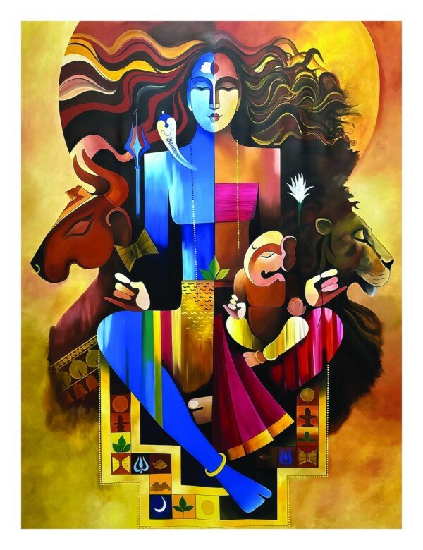 shiva family cubist art canvas wall art