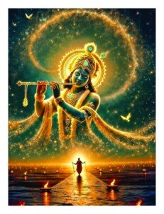 Golden Cosmic Krishna Canvas Wall Art 3x4 Feet – Floating Frame – Premium Digital Canvas Print – Living Room & Home Spiritual Wall Décor