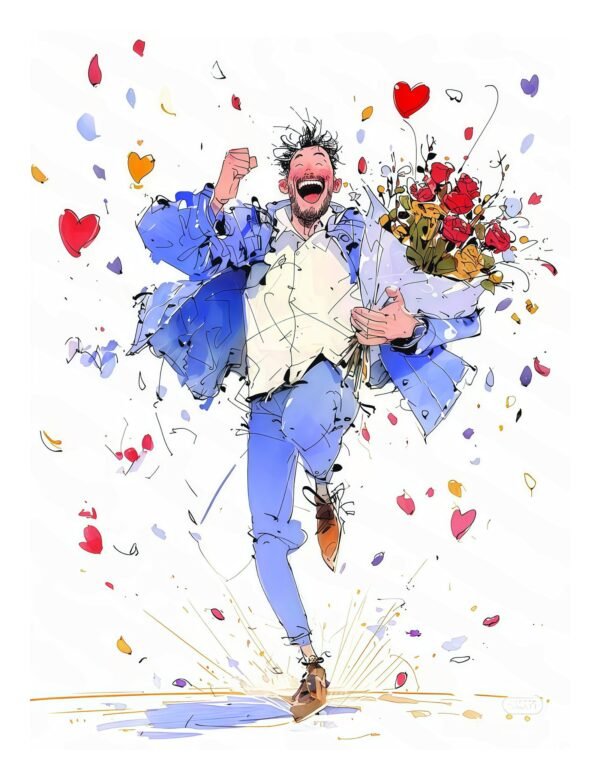 joyful man with bouquet canvas wall art