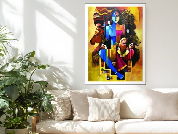 shiva family cubist art canvas wall art shown framed on a wall