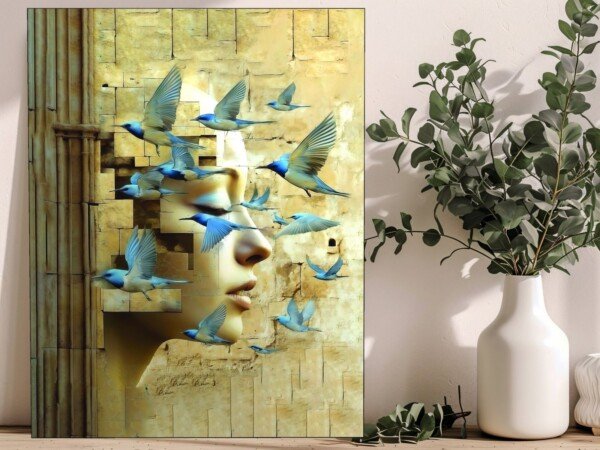 stone face taking flight canvas wall art shown framed on a wall