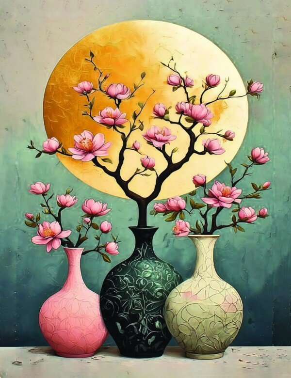 blossom vases at moonrise canvas wall art