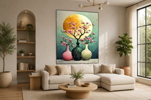 blossom vases at moonrise canvas wall art shown framed on a wall