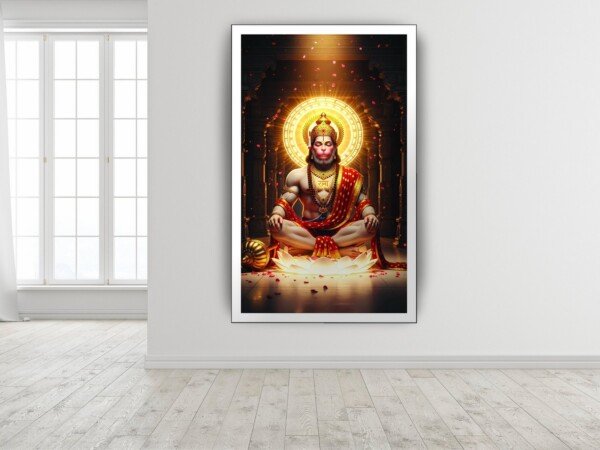 hanuman ji sitting pretty canvas wall art shown framed on a wall