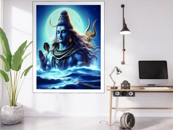 shiva in the sea canvas wall art shown framed on a wall