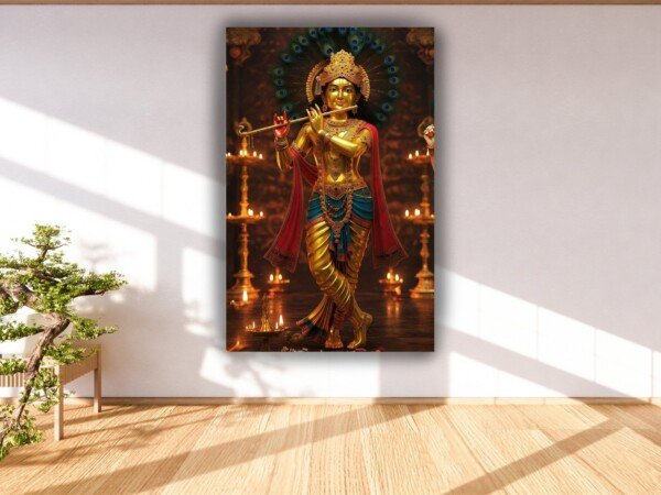 lord krishna playing flute canvas wall art shown framed on a wall