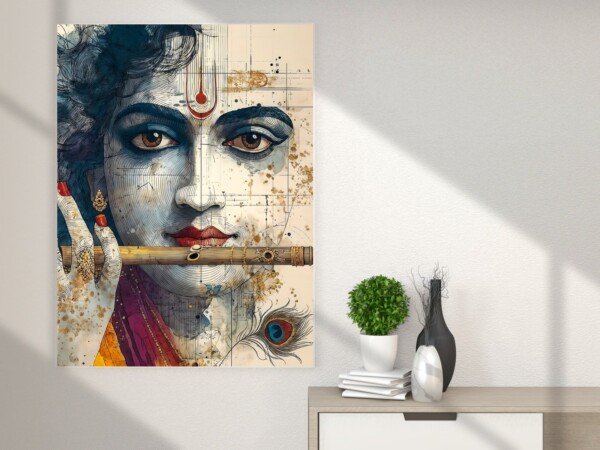 krishna playing flute canvas wall art shown framed on a wall