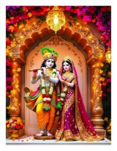 Radha Krishna Floral Arch Canvas Wall Art 3x4 Feet – Floating Frame – Premium Digital Canvas Print – Living Room & Home Spiritual Wall Décor