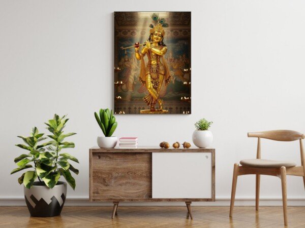 golden krishna flute player canvas wall art shown framed on a wall