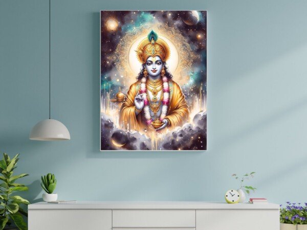lord krishna cosmic canvas wall art shown framed on a wall