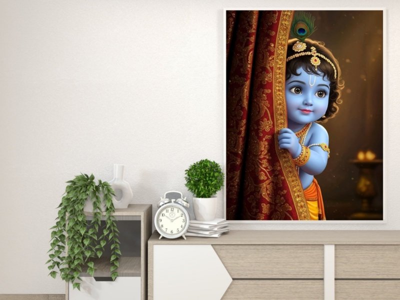 baby krishna hides canvas wall art shown framed on a wall