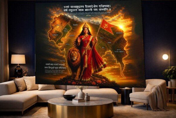 bharat mata with lion canvas wall art shown framed on a wall