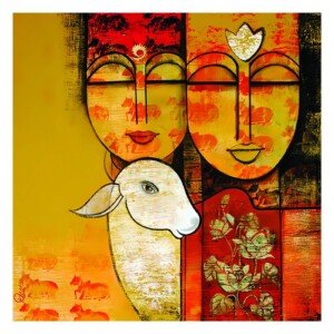 Krishna and Cow Folk Art Canvas Wall Art 3x4 Feet – Floating Frame – Premium Digital Canvas Print – Living Room & Home Spiritual Wall Décor