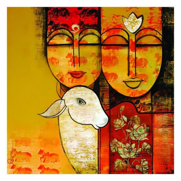 krishna and cow folk art canvas wall art