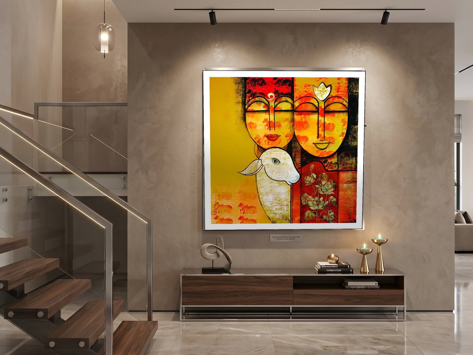 Krishna and Cow Folk Art canvas wall art placement