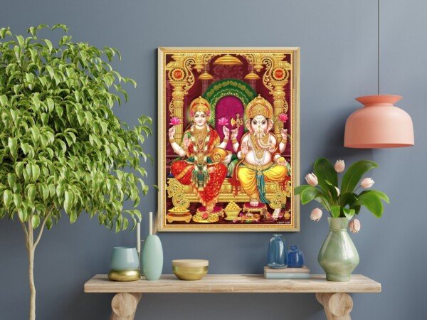 lakshmi ganesha throne canvas wall art shown framed on a wall