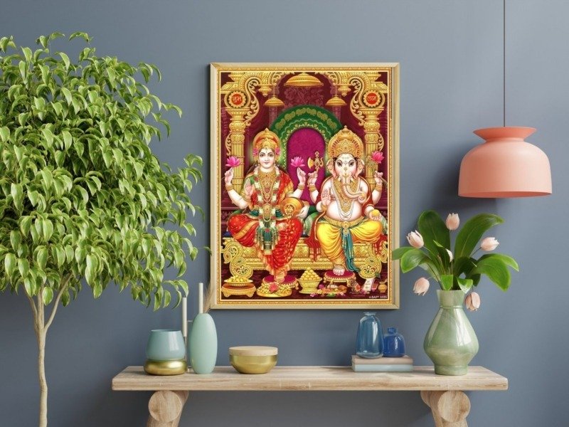 lakshmi ganesha throne canvas wall art shown framed on a wall