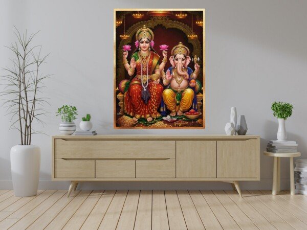 lakshmi ganesha blessing canvas wall art shown framed on a wall