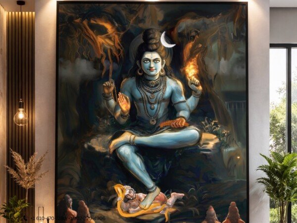shiva in moonlit cave canvas wall art shown framed on a wall