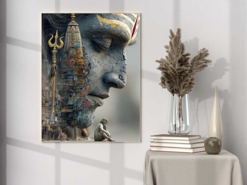 shiva meditation scene canvas wall art shown framed on a wall