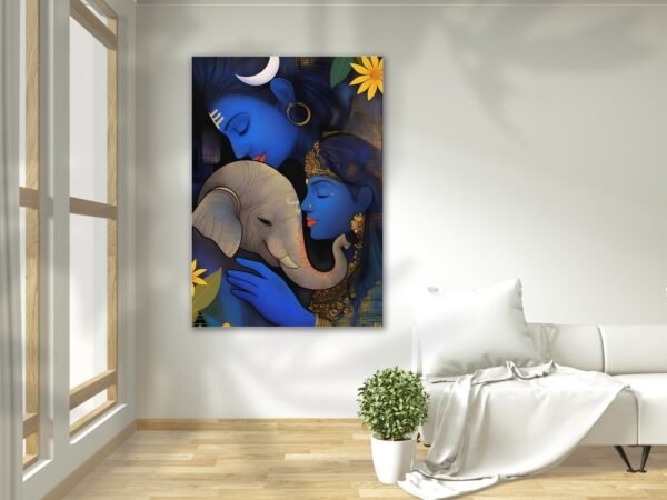 shiva and parvati canvas wall art shown framed on a wall