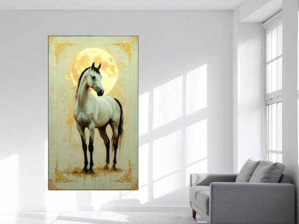moonlit white horse canvas wall art shown framed on a wall