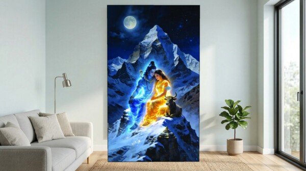 shiva parvati on kailash canvas wall art shown framed on a wall