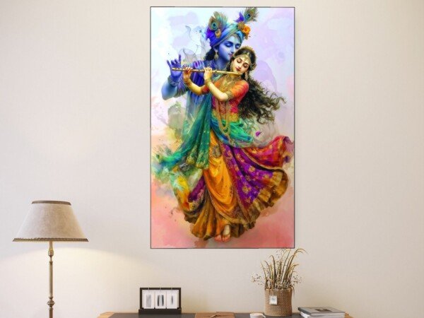 radha krishna melody swirl canvas wall art shown framed on a wall