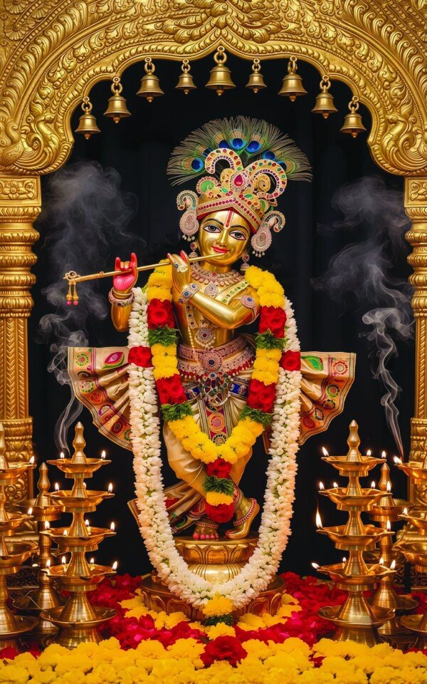 golden krishna temple idol canvas wall art
