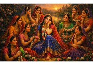 Krishna's Gopis Gathering Canvas Wall Art 3x4 Feet – Floating Frame – Premium Digital Canvas Print – Living Room & Home Spiritual Wall Décor
