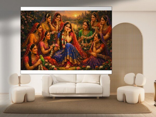 krishna's gopis gathering canvas wall art shown framed on a wall