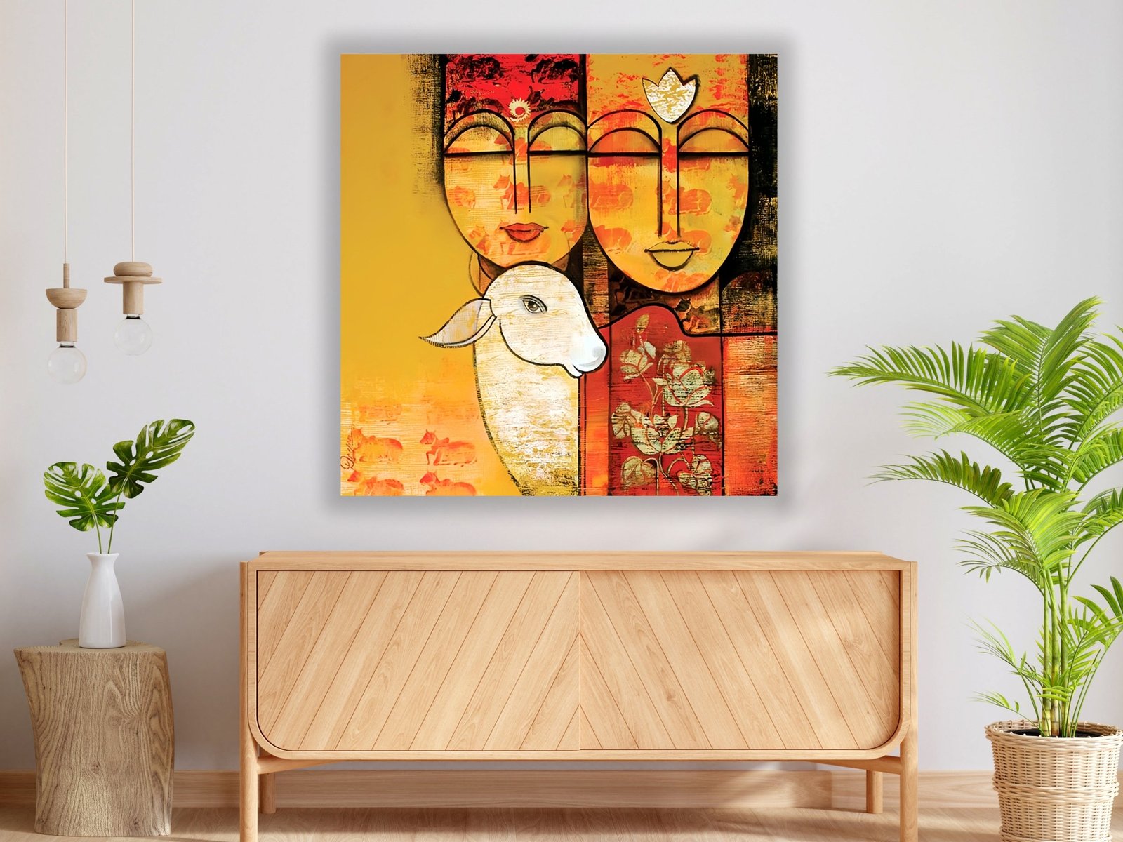 Krishna and Cow Folk Art framed canvas wall art