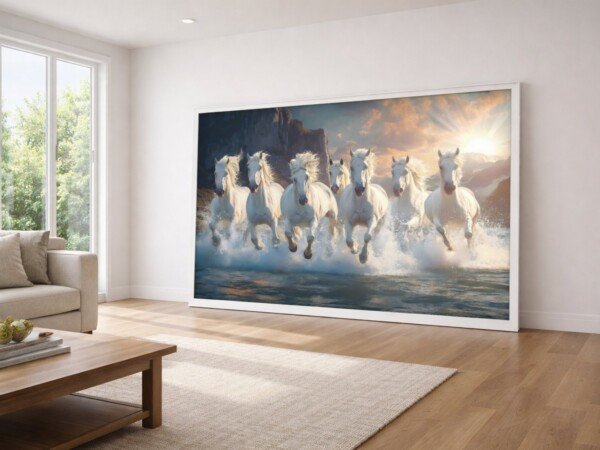 seven white horses canvas wall art shown framed on a wall