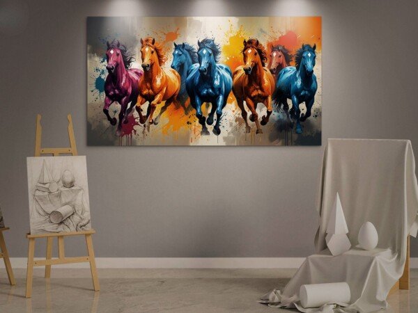 colorful horses art canvas wall art shown framed on a wall