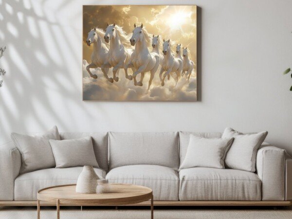 seven white horses canvas wall art shown framed on a wall