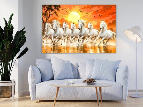 seven horses sunrise gallop canvas wall art shown framed on a wall