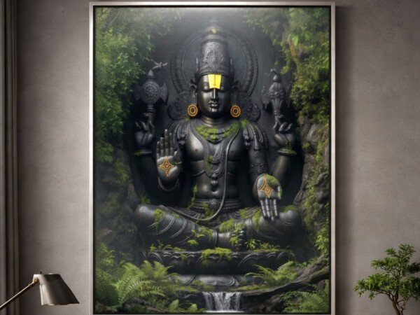 forest vishnu murti canvas wall art shown framed on a wall