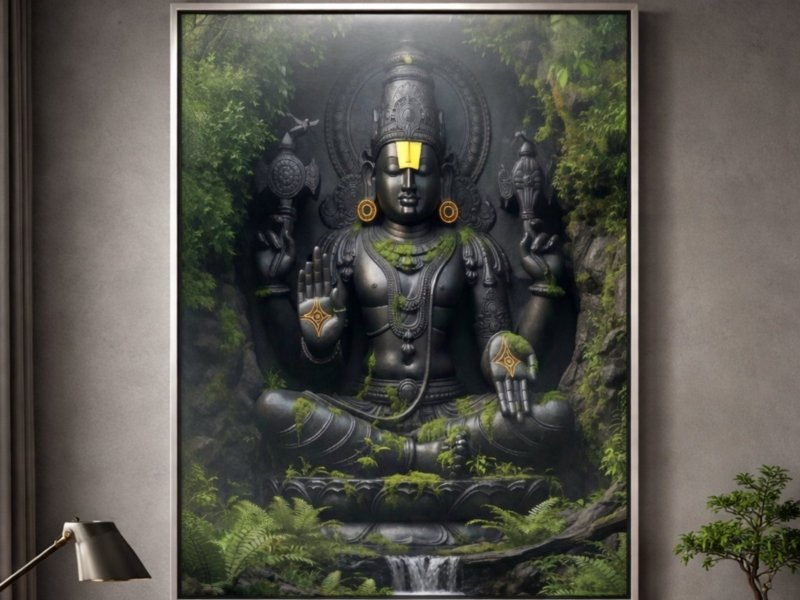 forest vishnu murti canvas wall art shown framed on a wall