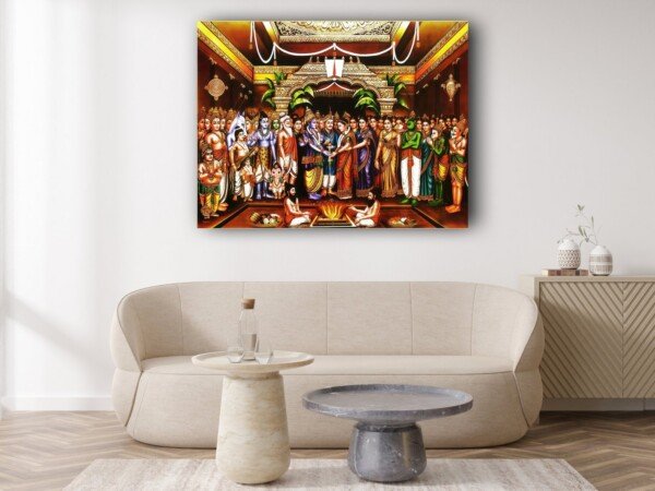 ram sita wedding canvas wall art shown framed on a wall