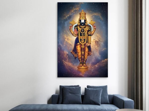 lord venkateswara cosmic canvas wall art shown framed on a wall