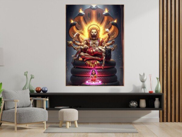 narasimha on serpent throne canvas wall art shown framed on a wall