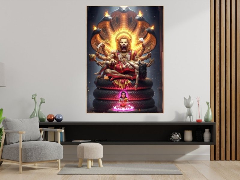 narasimha on serpent throne canvas wall art shown framed on a wall